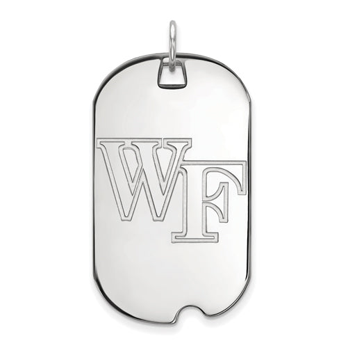 The 10k White Gold LogoArt Wake Forest University W-F Large Dog Tag Pendant, crafted from white gold and featuring a decorative "WF" engraving, elegantly hangs by a small loop. The pendant, offered by LogoArt, stands out beautifully against the white background.