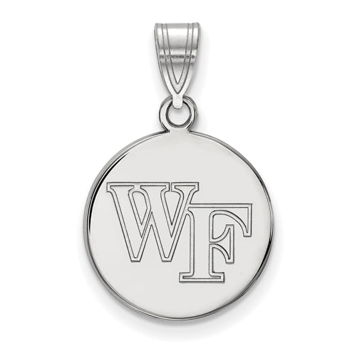 The 10k White Gold LogoArt Wake Forest University W-F Medium Disc Pendant showcases bold, overlapping "WF" letters on a smooth round surface with a polished bail for chain attachment, offering a classic collegiate look.