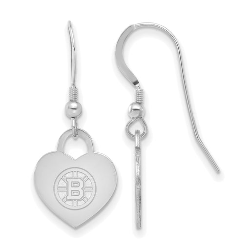 Sterling Silver Rhod-pl NHL LogoArt Boston Bruins Heart Dangle Earrings