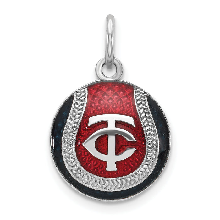 Sterling Silver Rhodium-plated MLB LogoArt Minnesota Twins T-C Enameled Baseball Charm