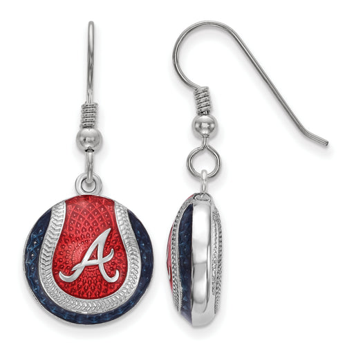 Sterling Silver Rhodium-plated MLB LogoArt Atlanta Braves Enameled Baseball Dangle Earrings