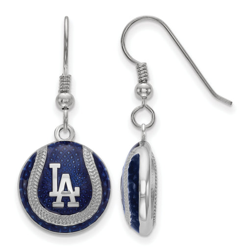 Sterling Silver Rhodium-plated MLB LogoArt Los Angeles Dodgers L-A Baseball Enameled Dangle Earrings