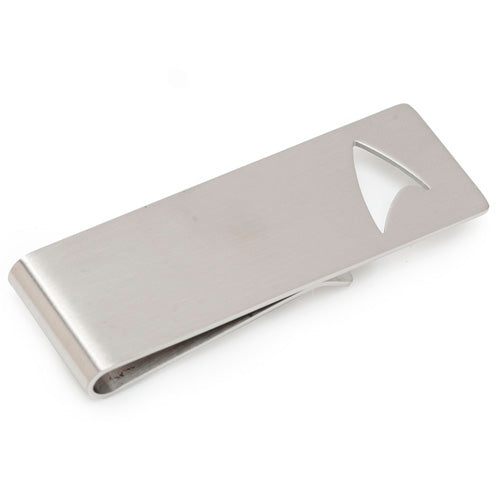 Introducing the Cutout Delta Shield Money Clip, a sleek Silver accessory with a minimalist design. It features a small, triangular cut-out on one side and employs a simple fold mechanism to securely hold your bills or cards.