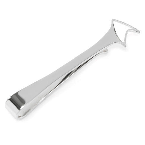 A Sterling Silver Cutout Delta Shield Tie Bar with a sleek, slightly curved design. The wide end is flat and smooth, while the narrow end forms a hook for ease of use. Its polished surface shines, reflecting light. The dimensions reflect precision craftsmanship. The tie bar is placed on a plain white background.