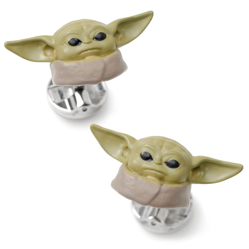 Close-up image of two 3D Grogu Cufflinks featuring the adorable green creature, Grogu, with large ears and black eyes, resembling Baby Yoda from "The Mandalorian" series. The cufflinks are attached to metallic silver backings.