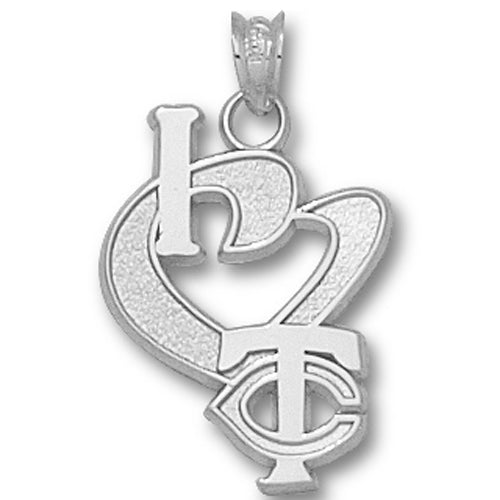 The Minnesota Twins I Heart Logo Pendant is a sterling silver accessory that artfully combines the letters "L" and "T" with a heart design, creating an intertwined, elegant form. This striking pendant is attached to a small loop for easy attachment to a chain.