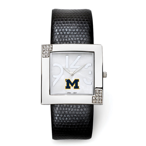 University Of Michigan Chrome Glamour Leather Strap Watch