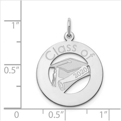 Class Of Graduation Personalized Silver Pendant. The pendant is shown on a ruled background.