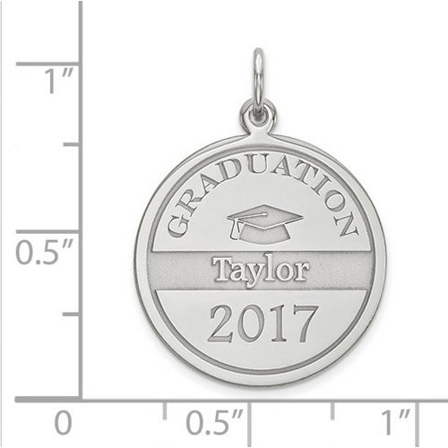 Graduation Personalized Silver Pendant. The pendant is shown on a ruled background.