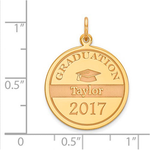 Graduation Personalized Gold Pendant. The pendant is shown on a ruled background.