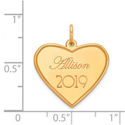 Heart Personalized Name/Year Gold Pendant. The pendant is shown on a ruled background.