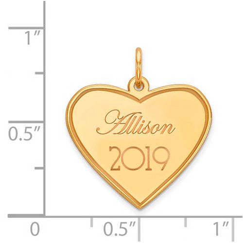 Heart Personalized Name/Year Gold Pendant. The pendant is shown on a ruled background.