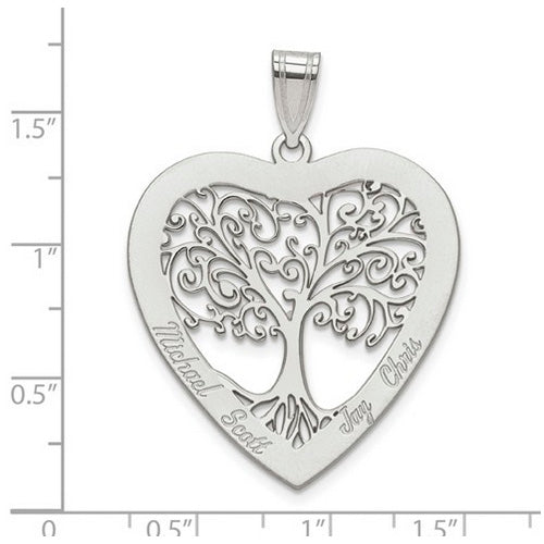 Family Tree Silver Heart Pendant, 4 names. The pendant is shown on a ruled background.
