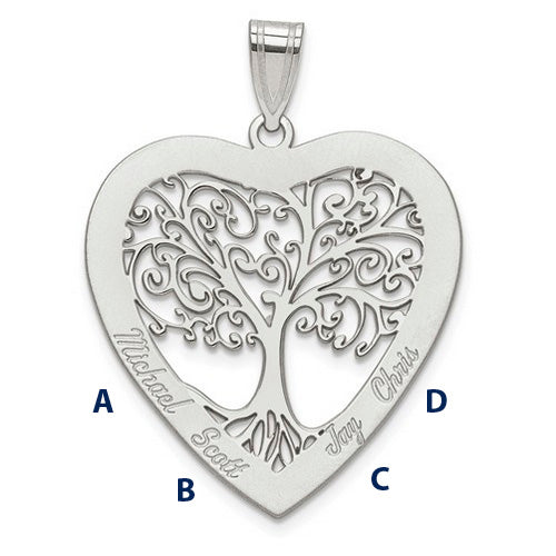 Family Tree Silver Heart Pendant, 4 names.