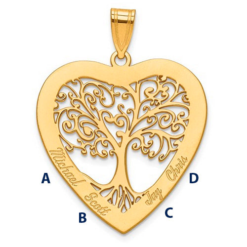 Family Tree Gold Heart Pendant, 4 names.