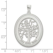 Family Tree Oval Silver Pendant - 3 Names. The pendant is shown on a ruled background.