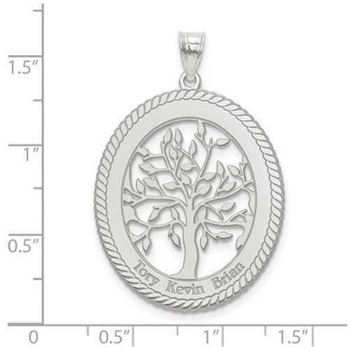 Family Tree Oval Silver Pendant - 3 Names. The pendant is shown on a ruled background.