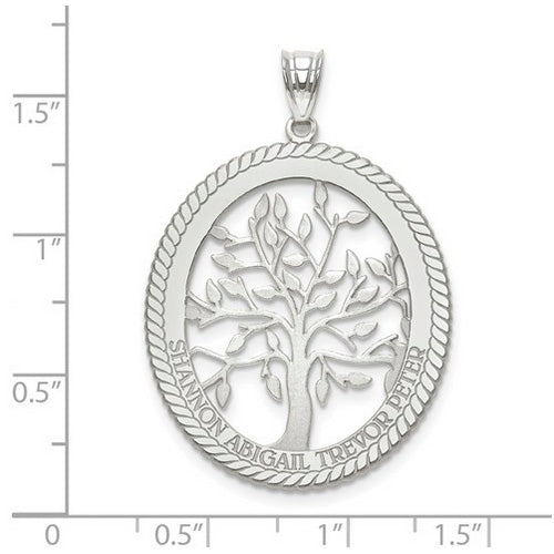 Family Tree Oval Silver  Pendant - 4 Names. The pendant is shown on a ruled background.