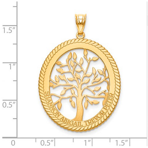 Family Tree Oval Gold Pendant - 4 Names.  The pendant is shown on a ruled background.