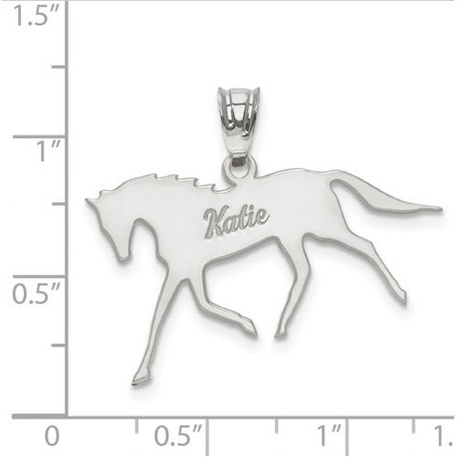 Sterling Silver Rhodium-plated Laser Polished Horse Name Pendant. The pendant is shown on a ruled background.