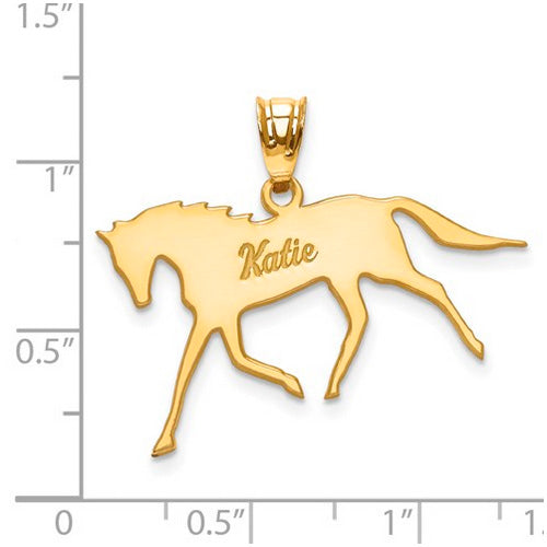 14k Laser Polished Horse Name Pendant. The pendant is shown on a ruled background.