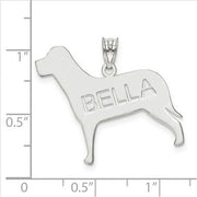 Sterling Silver Rhodium-plated Laser Polished Dog Name Pendant. The pendant is shown on a ruled background.