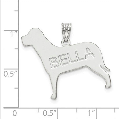 Sterling Silver Rhodium-plated Laser Polished Dog Name Pendant. The pendant is shown on a ruled background.