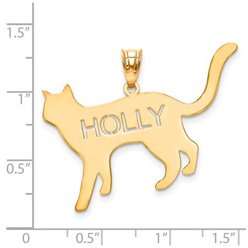 Gold Plated/SS Laser Polished Cat Name Pendant. The pendant is shown on a ruled background.