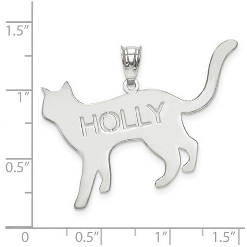 Sterling Silver Rhodium-plated Laser Polished Cat Name Pendant. The pendant is shown on a ruled background.