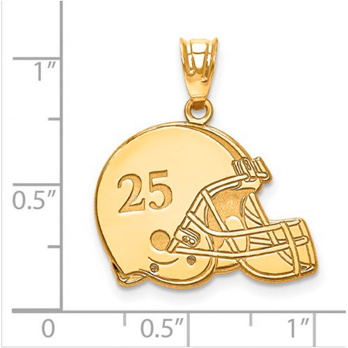 Gold Plated/SS Laser Football Helmet Number And Name Pendant. The pendant is shown on a ruled background.