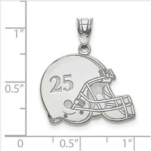 Sterling Silver Rh-plt Laser Football Helmet Number And Name Pendant. The pendant is shown on a ruled background.