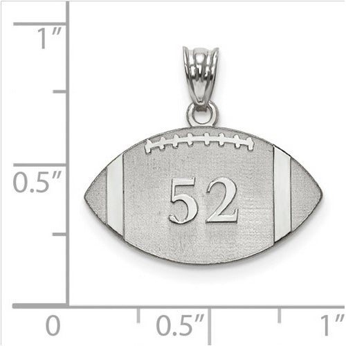 Sterling Silver Rhodium-plated Laser Football Number And Name Pendant. The pendant is shown on a ruled background.