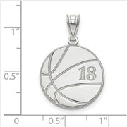 Sterling Silver Rhod-plated Laser Basketball Number And Name Pendant.   The pendant is shown on a ruled background.