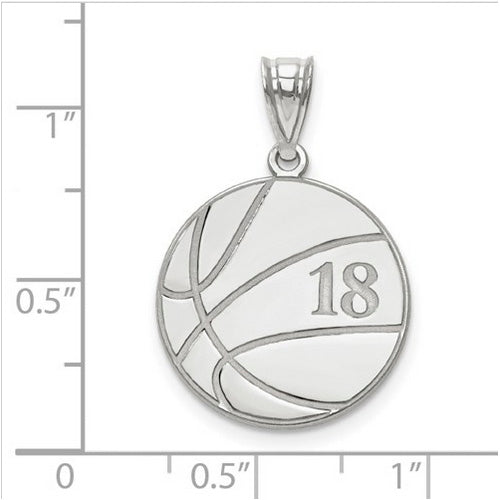 Sterling Silver Rhod-plated Laser Basketball Number And Name Pendant.   The pendant is shown on a ruled background.