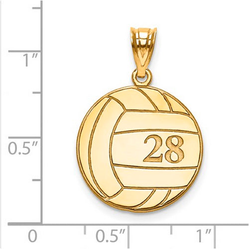 Gold Plated/SS Laser Volleyball Number And Name Pendant. The pendant is shown on a ruled background.