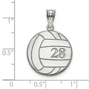 Sterling Silver Rhod-plated Laser Volleyball Number And Name Pendant. The pendant is shown on a ruled background.
