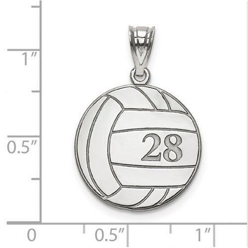 Sterling Silver Rhod-plated Laser Volleyball Number And Name Pendant. The pendant is shown on a ruled background.