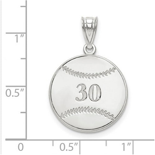 Sterling Silver Rhodium-plated Laser Baseball Number And Name Pendant. The pendant is shown on a ruled background.