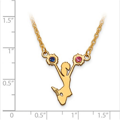 Gold Plated/SS Laser Crystal Cheerleader Name Pendant with Chain. The pendant is shown on a ruled background.