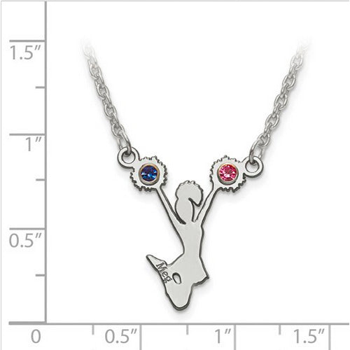 Sterling Silver Rh-plt Laser Crystal Cheerleader Name Pendant with Chain.  The pendant is shown on a ruled background.