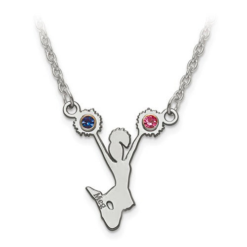 Sterling Silver Rh-plt Laser Crystal Cheerleader Name Pendant with Chain