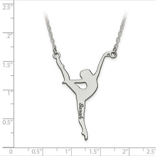 Sterling Silver Rhod-plated Laser Polished Dance Name Charm with Chain. The pendant is shown on a ruled background.