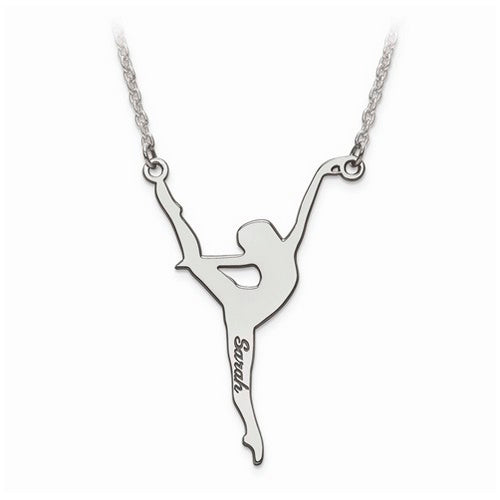 Sterling Silver Rhod-plated Laser Polished Dance Name Charm with Chain