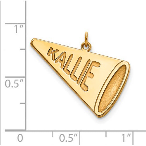 GP Laser Polished Name Megaphone Charm. The pendant is shown on a ruled background.