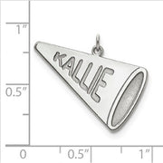 Sterling Silver Rhodium-plated Laser Polished Name Megaphone Charm. The pendant is shown on a ruled background.