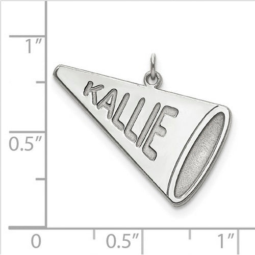 Sterling Silver Rhodium-plated Laser Polished Name Megaphone Charm. The pendant is shown on a ruled background.