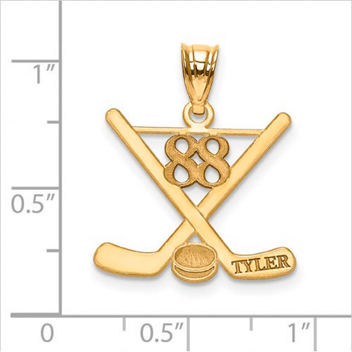 GP Laser Polished Name And Number Hockey Pendant. The pendant is shown on a ruled background.