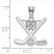 Sterling Silver Rh-plt Laser Polished Name And Number Hockey Pendant. The pendant is shown on a ruled background.