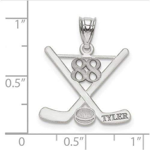 Sterling Silver Rh-plt Laser Polished Name And Number Hockey Pendant. The pendant is shown on a ruled background.