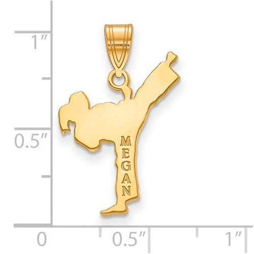 GP Laser Polished Name Karate Charm. The pendant is shown on a ruled background.